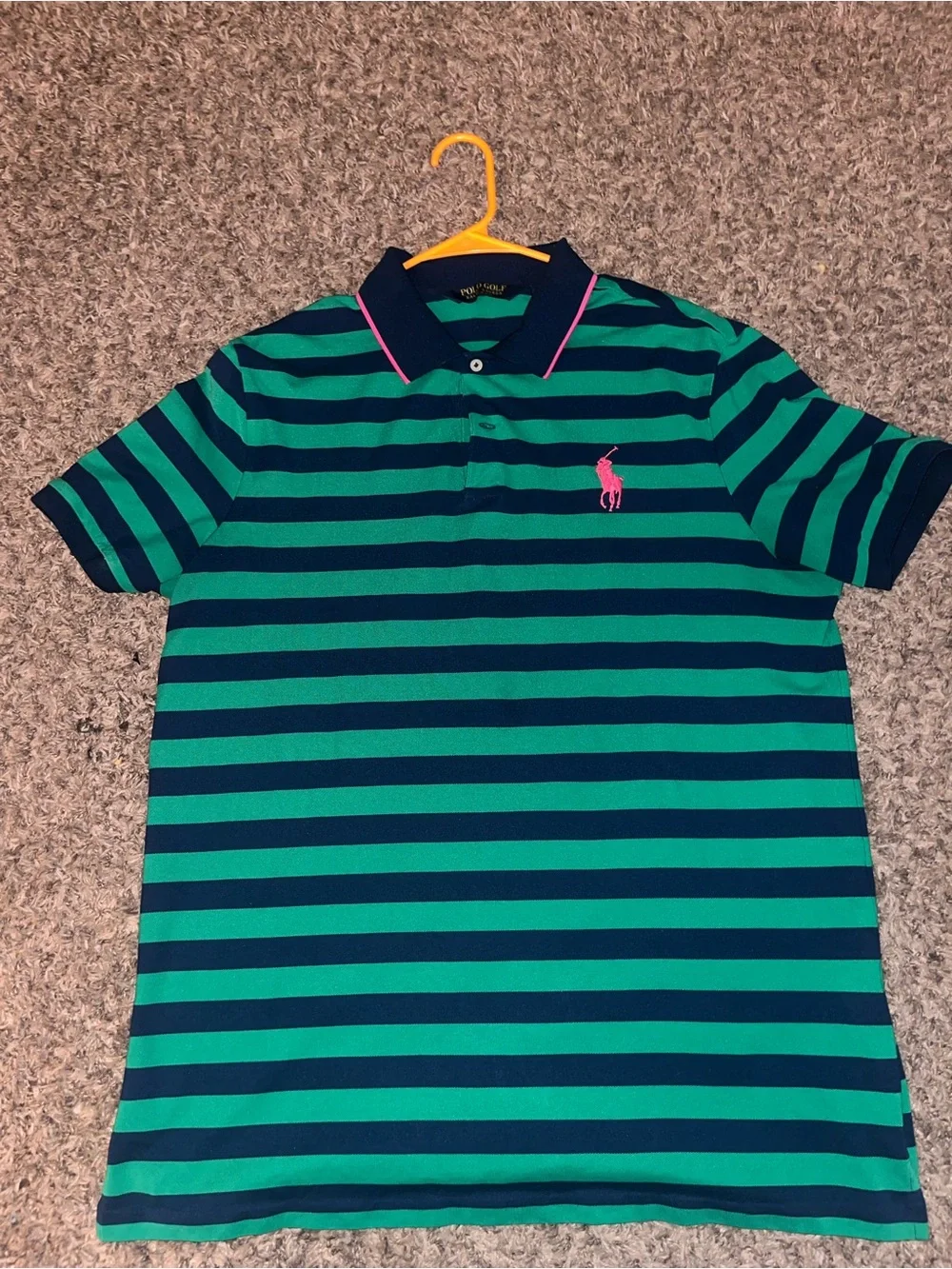 Polo by Ralph Lauren Green and Navy Striped Polo with Pink Pony